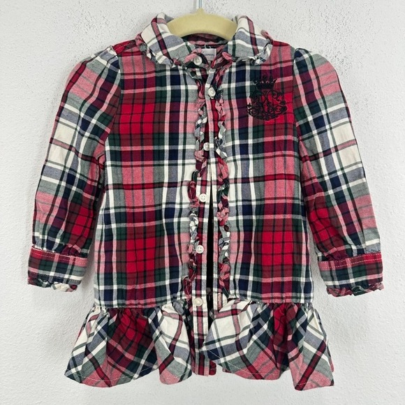 Ralph Lauren Embroidered Plaid Ruffle Shirt Dress Holiday Winter Girls Size 12M - Picture 1 of 5